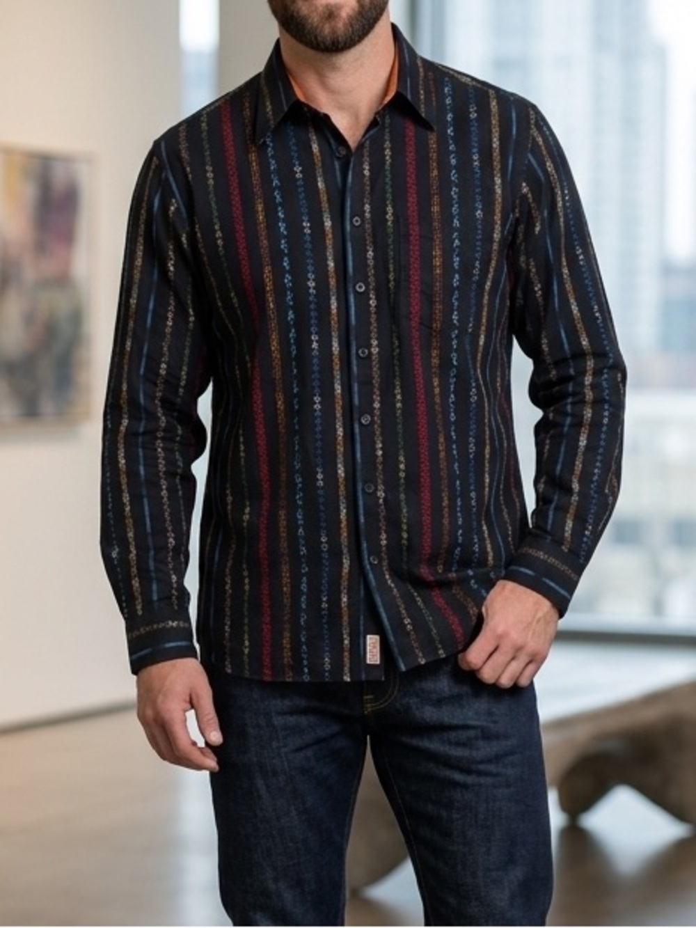 Vintage Road Men's Black Striped Long-Sleeve Button-Up Shirt Size L